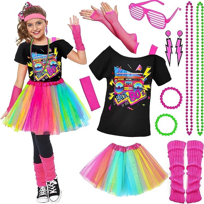 Tacobear 14Pcs Kids 80s Costume 5T-14 Accessories Set Halloween Party Fancy Outfits Cosplay 1980s Theme Retro Hop Hip Party for Girls Teen Tween Teenager 6 7 8 9 10 11 12 13 - Image 1
